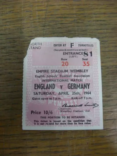 25/04/1964 Ticket: England Schools v Germany Schools [At Wembley] (Pink, North S