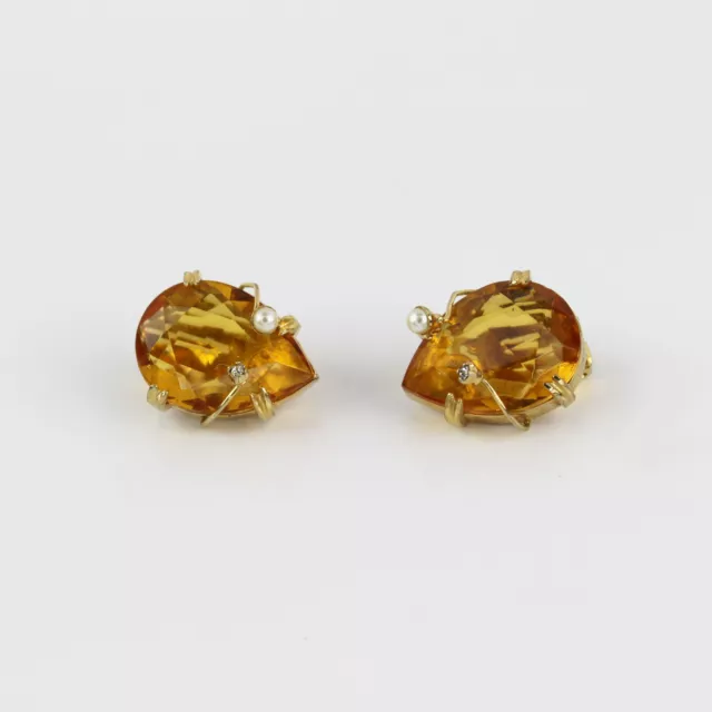 Vtg ALICE CAVINESS Amber Pear Shaped Rhinestone & Faux Pearl Clip-on Earrings