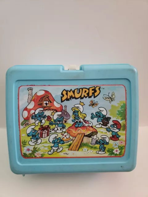 Vintage Smurfs Lunchbox by THERMOS 1980s School Lunch Box Plastic Light Blue