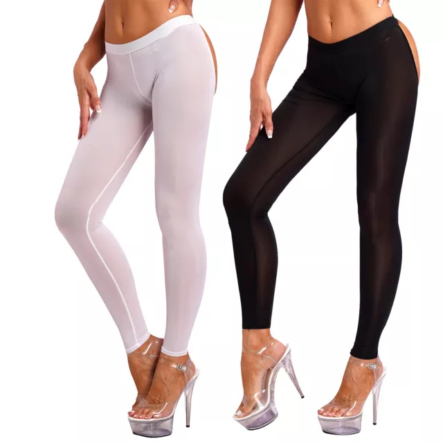 Damen Strumpfhosen ohne Fuß Transparent Leggings Hintern Offen Skinny Hose Sexy 2