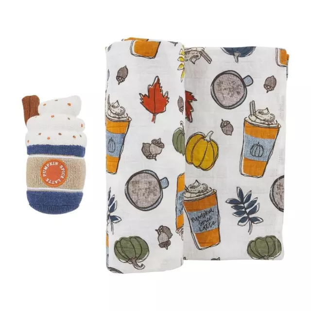 Mud Pie Kids Pumpkin Spice Muslin Baby Blanket and Rattle Gift Set