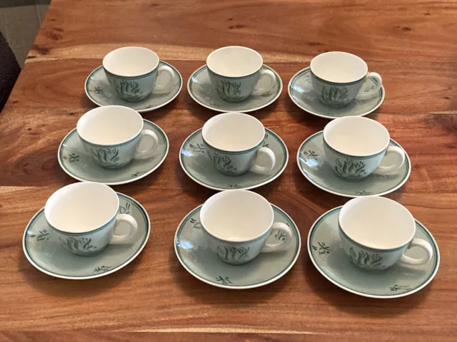 POOLE 1950’s GREEN LEAF DESIGN COFFEE CUPS/SAUCERS DEMITASSE x9 + 2Extra Saucers