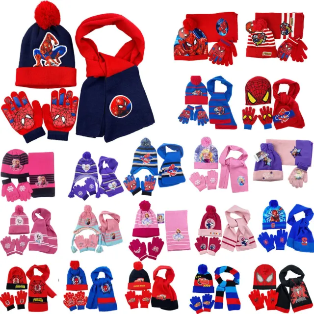 3Pcs Spiderman Elsa Beanie Hat Scarves Gloves Set Kids Boys Girls Winter Warmer