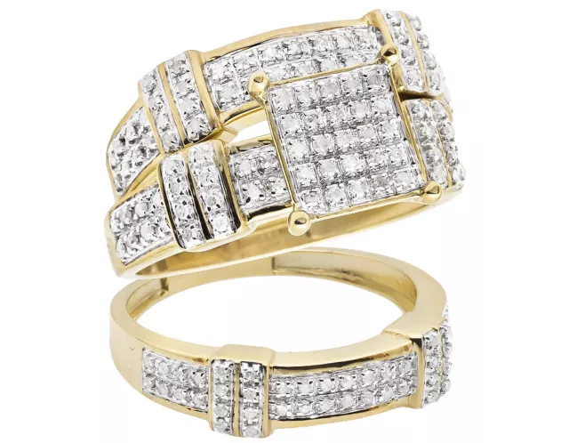 Ladies Mens 10K Yellow Gold Real Diamond Trio Engagement Wedding Ring Set 0.51ct