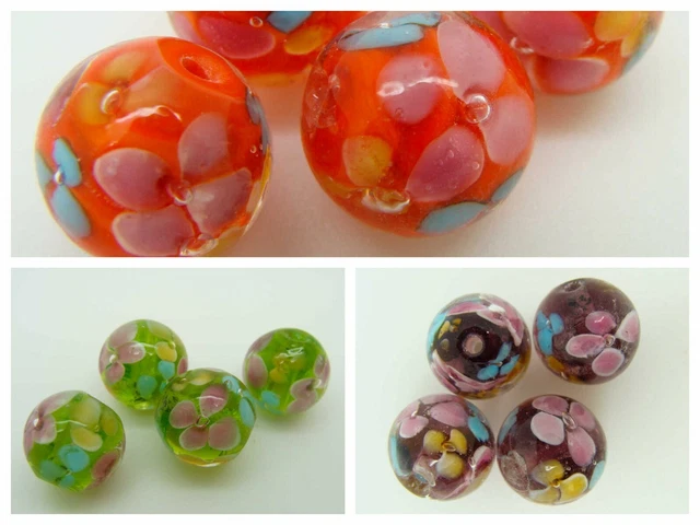 4 perles rondes 12mm VERRE lampwork motifs Fleurs DIY création bijoux