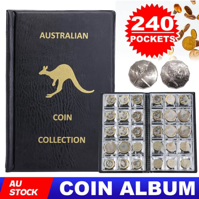 240Coins Coin Album Holder Australian Coin Collection Folder Book Holds Black