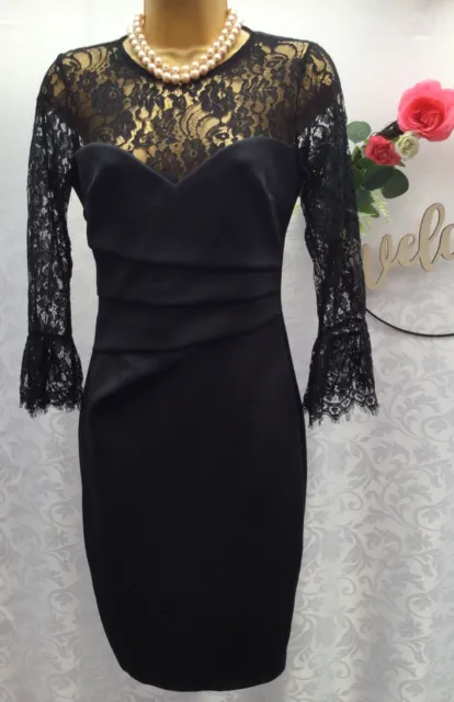 New Lipsy Size 10 Black Lace Mesh Long Bell Sleeve Dress body-con Party Cocktail