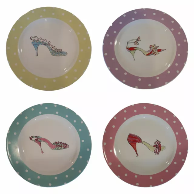 4 Set Rosanna Dessert Plates Chic Shoes Pastel Polka Dots 8" Tea Salad