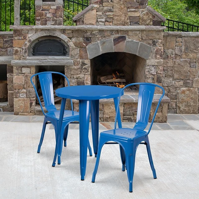 DuCommercial Grade 24" Round Blue Metal Indoor/Outdoor Table Set w/2 Cafe Chairs
