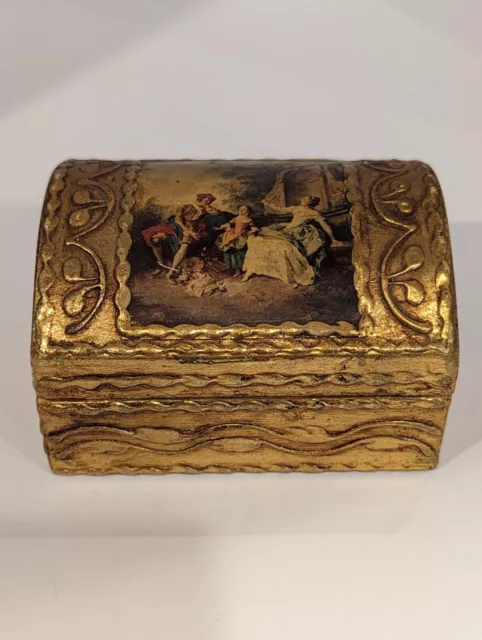 Vintage Italian Florentine Gold Gilded Wood Decoupaged Hinged Jewelry Box Marked