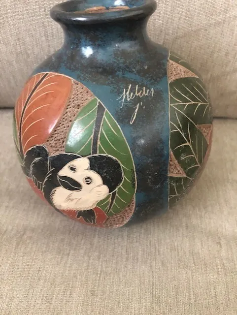 Costa Rican Clay 3 sided vase hand carved signed by artist