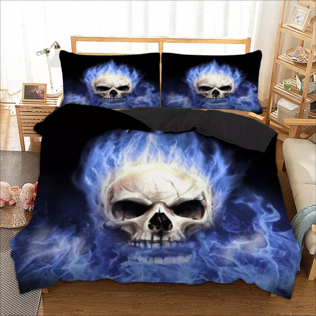 3D Skull Fire Duvet Quilt Cover Bedding Set Single Double King Size Pillow Cases