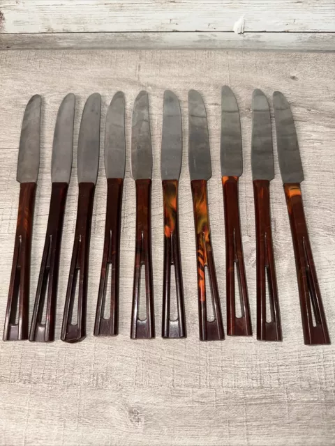 MCM lot of 10 Stainless Butter Knives Bakelite Cut Out Handle Brown Orange