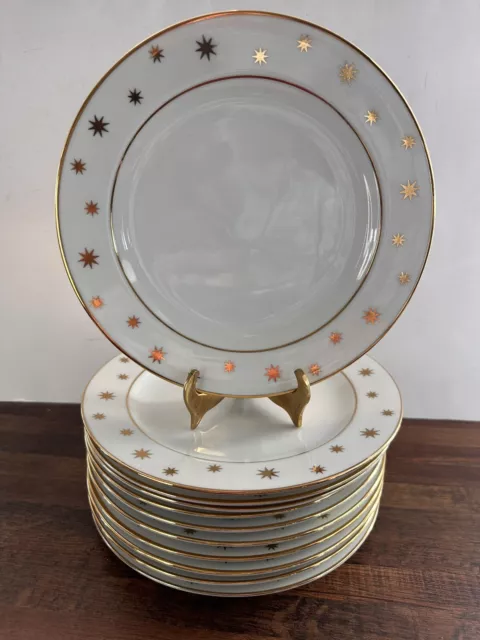 Set Of 11 Dessert/salad Plates  Lillian Vernon White Gold Star Burst Gold Rim