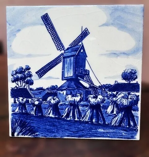Vintage Blauw Delfts 6" Dutch Windmill Tile- Made In Holland