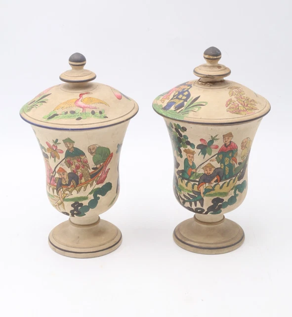 (2) Late 19th-Early 20th c Unglazed Orientalist Pythagoras Cup-Style Lidded Jars