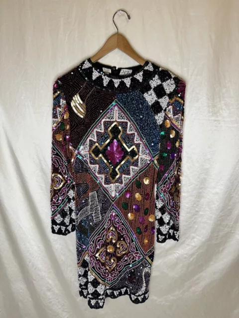 Vintage Linzas Silk Heavily Beaded Dress Long Sleeve Knee Length Party S Small