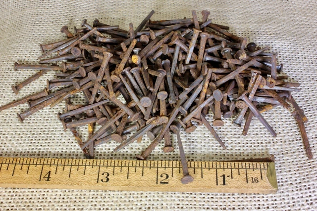 1” OLD Square NAILS 200 REAL 1850’s vintage rusty patina 3/16” medium head BRADS