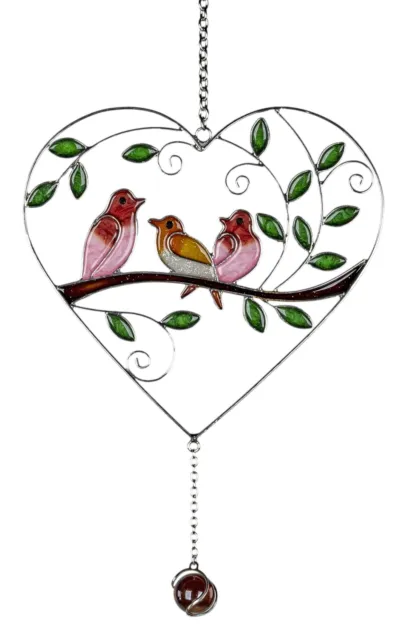 Colgador de ventana corazón Tiffany pájaro decoración de ventana estilo casa de campo rosa 30 cm