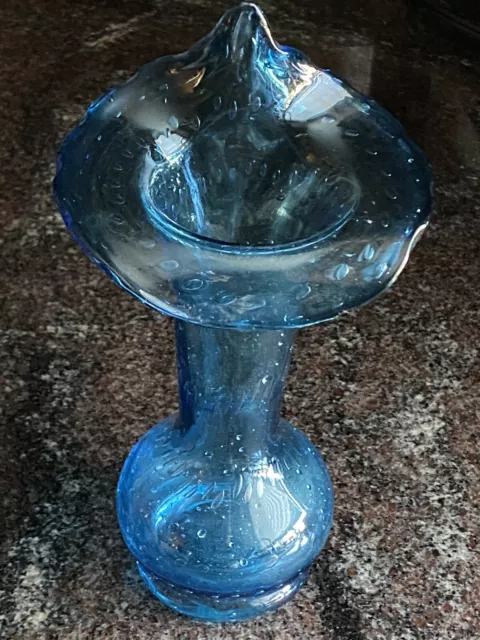 Gorgeous Vintage Blue Glass Pulpit Vase - Controlled Bubbles Hand Blown