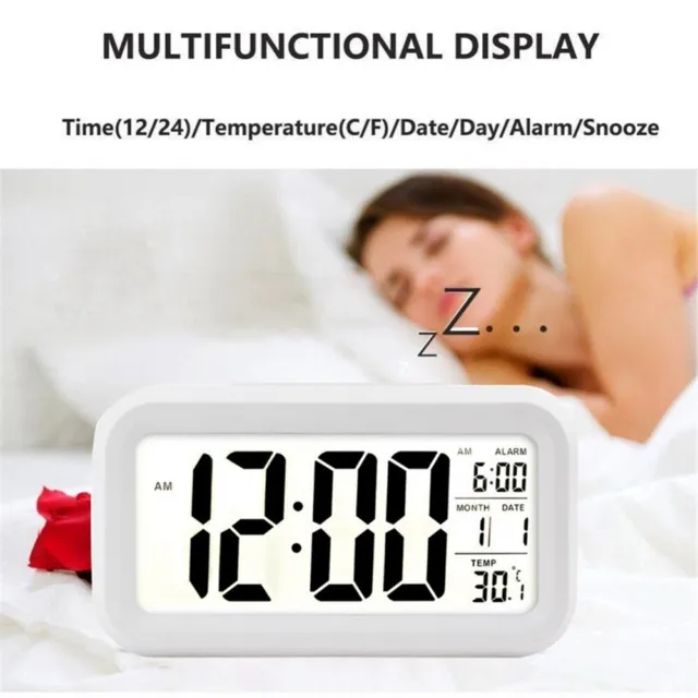 Digital Alarm Clock Time Night Light Date Temperature Display Bedside LED Snooze