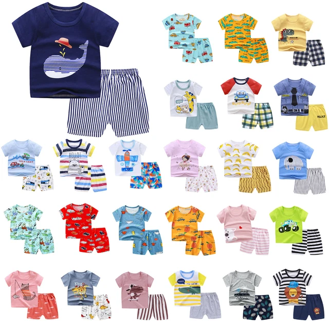 Toddler Kids Baby Boys Girls Short Sleeve Cartoon Tops T-shirt+Pants Outfits Set