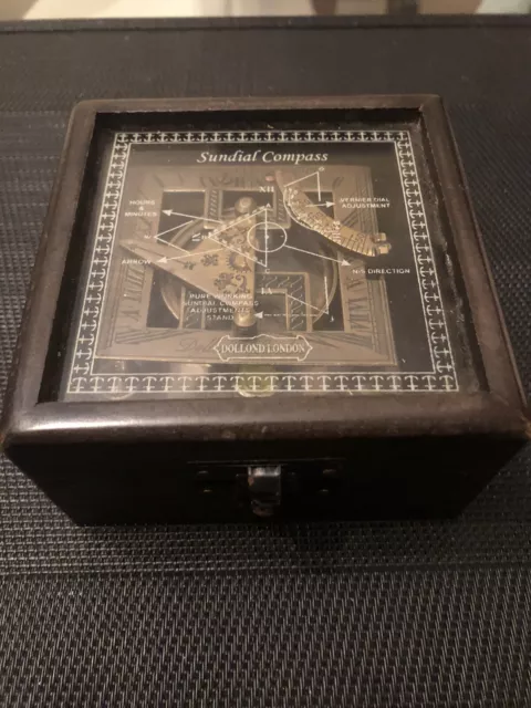 Dollond London Antique Maritime 3" Brass Sundial Compass & Glass Top Wooden Box