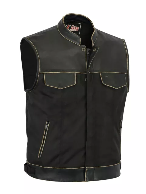 Nuovo da Uomo Cordura Motociclista Gilet Marrone Vera Pelle Bordo Gillette Gilet