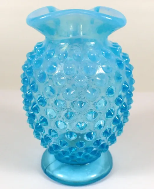 MINT Vtg Fenton Blue Opalescent Ruffled Edge Hobnail Vase 3 5/8" Tall