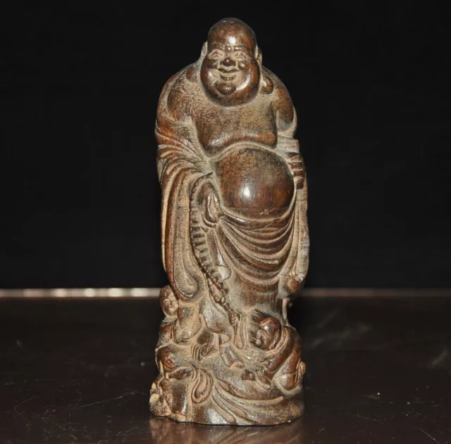 Ancient China Boxwood Wood Carved Feng Shui wealth lucky Maitreya Buddha statue