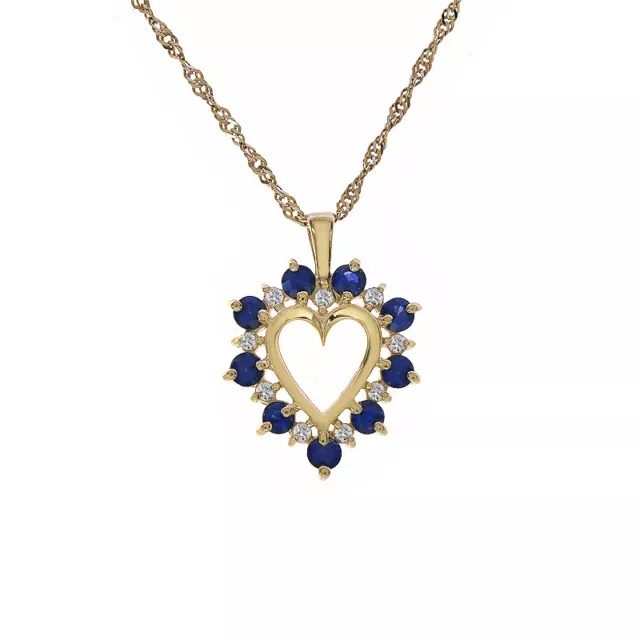0.65 Ct Sapphire & 0.15 Ct Diamond Heart Pendant With 16" Chain 14K Yellow Gold