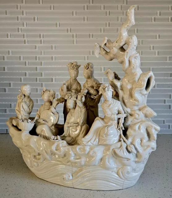 19th Century Chinese Dehua Porcelain Immortals On Boat Blanc de Chine 16"×16"×7" 2