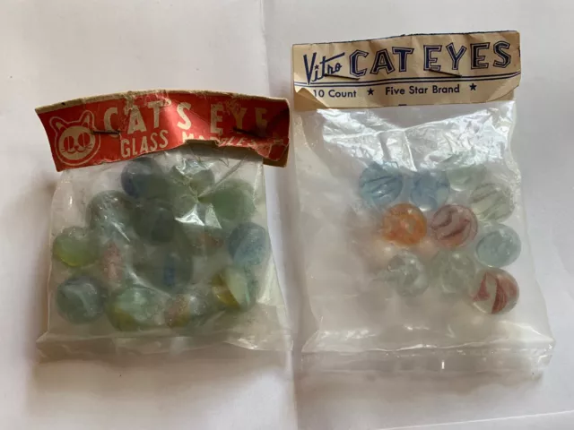 2 Bags Marbles: Vitro Cat Eyes (10); Cat’s Eye Japan(14) vintage unopened