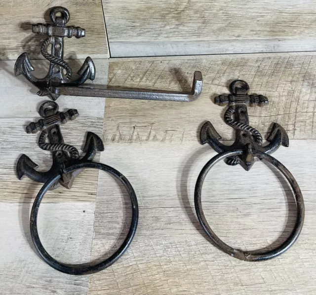 Cast Iron Metal Anchor Towel Holder Set For Bathroom 3 Pc. Aged Look Sailing