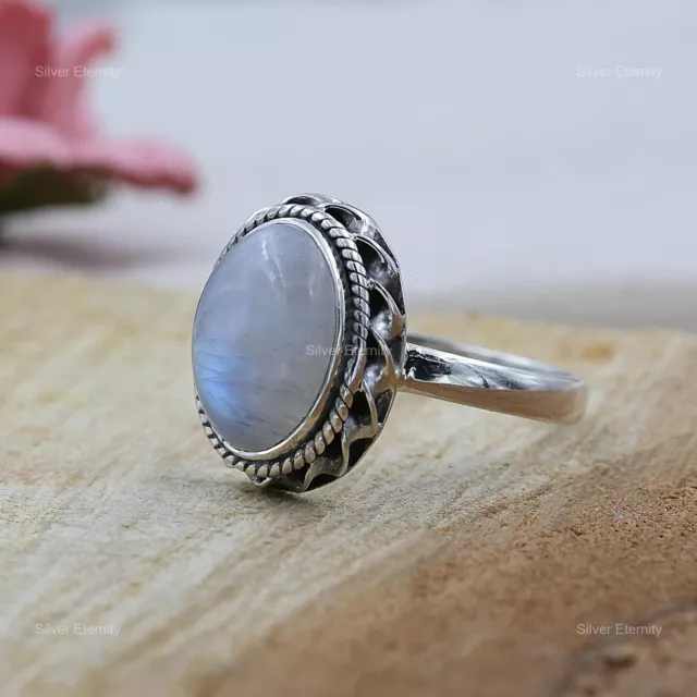 NATURAL RAINBOW MOONSTONE Gemstone Band Ring 925 Sterling Silver For ...