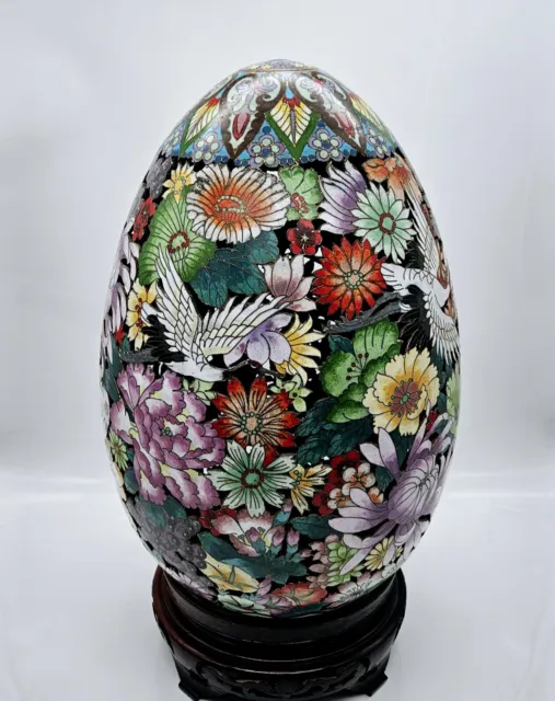 Chinese Cloisonne Egg Large 17" Pierced Heron Design Enamel with Wood Base