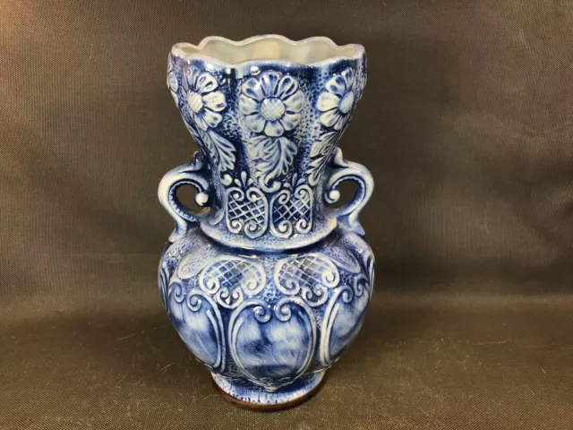 Ancien grand vase à fleurs en céramique bleue vintage déco