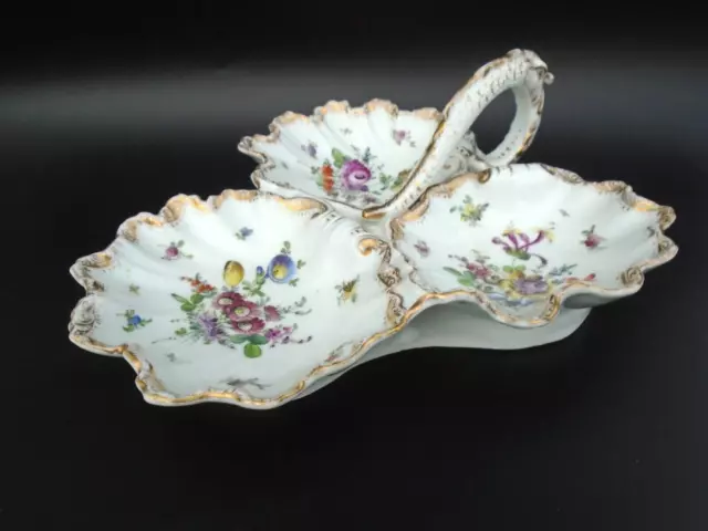 Antique Porcelain 3 Section Figural Handle Serving Dish, Hand Painted. Dresden