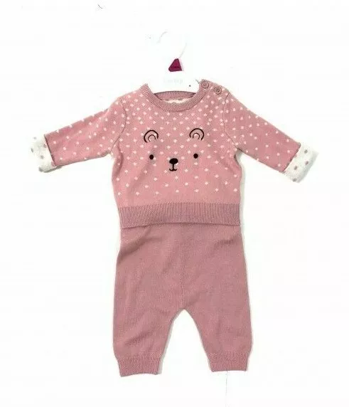 Ex Nutmeg Baby Girls Pink Dog Knitted Top and Leggings Set Age 3 6 9 12 18 Month