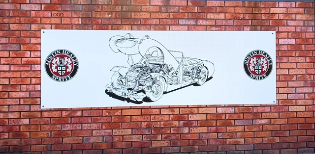 AUSTIN HEALEY Frogeye Sprite Bonnet Up Cutaway Work Shop Banner £12.92 ...