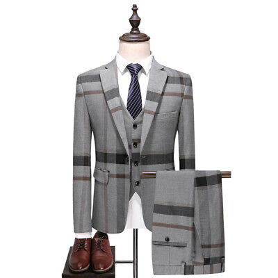 Grey Plaid Men Suit Groom Tuxedos Formal Wedding Prom Party Dinner Suit Custom