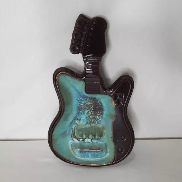 Vintage Redware Ceramic Guitar Ashtray Brown Blue Drip Glaze Pottery Large