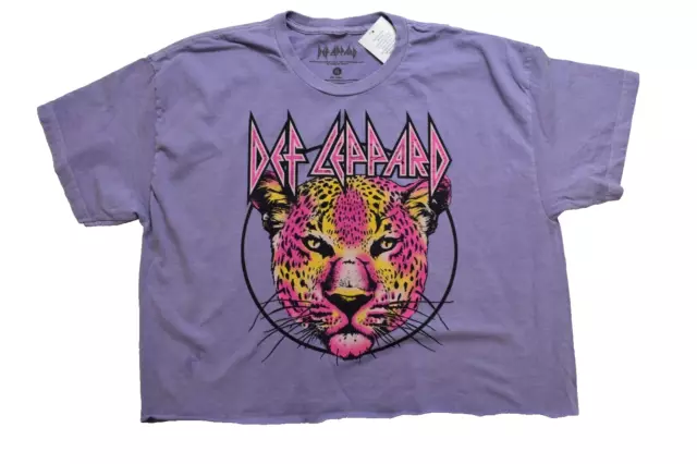 Def Leppard Womens Def Leppard Leopard Graphic Light Purple Crop Shirt NWT XL