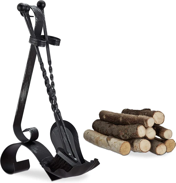 Relaxdays 10022292 Set Attrezzi Camino in Acciaio, 4 Pezzi, con Paletta, Scopett