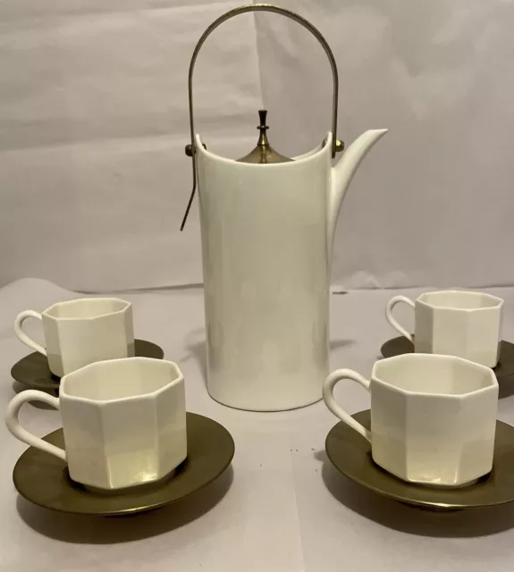 Ernest Sohn Coffee/Tea Pot With 4 Cups And 4 Brass Saucers Rare Find Mid-century