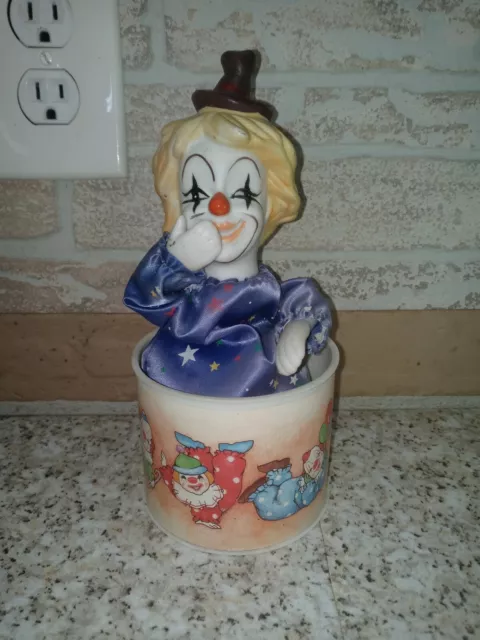 Vintage Animated Porcelain Wind Up Musical Clown in Drum With Hand Over Mouth