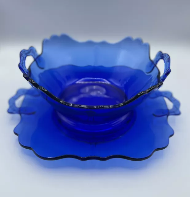 Antique LE Smith Cobalt Blue Mt Pleasant Platter Serving Bowl Set Depression Era