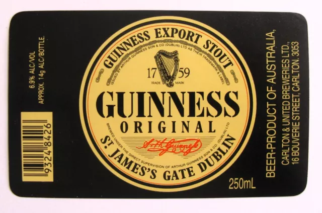 Carlton & United GUINNESS ORIGINAL - EXPORT STOUT beer label AUSTRALIA 250mL