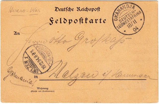 DSWA, Feldpostkarte v. Okahandja n. Uelzen, 18.11.04, Herero-Krieg, Germania
