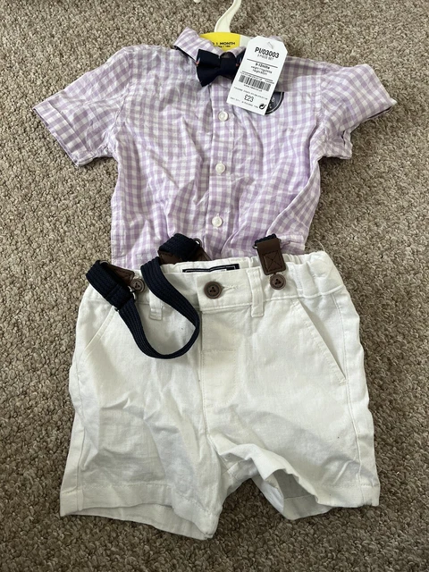 Next Baby Boy Clothes Age 9-12 Months 3 Piece Shirt, Shorts, Brace & Bow Tie Set